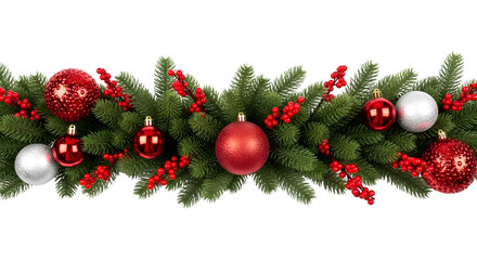Festive christmas garland with red and silver ornaments isolated on transparent background