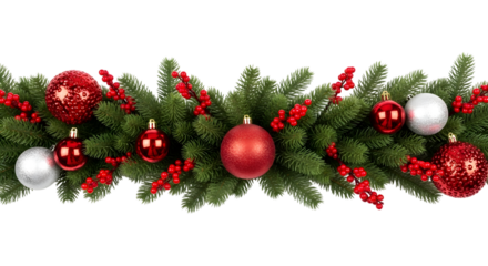 Festive christmas garland with red and silver ornaments isolated on transparent background