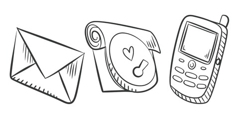 An envelope, a rolled-up paper with a heart symbol, and a mobile phone are depicted in a sketch.