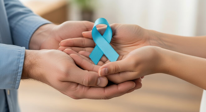 Prostate cancer awareness with teal ribbon in hands, symbol of advocacy and hope, signifying support. Hands exchange teal ribbon, representing unity in prostate cancer awareness initiatives,