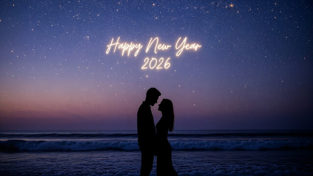 Happy new year 2026 couple silhouette standing on beach at sunset with starry sky
