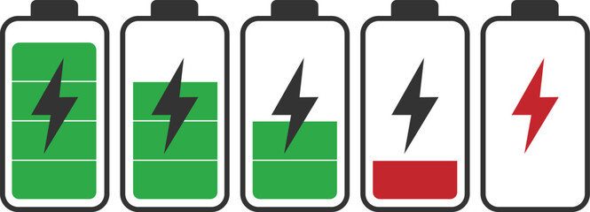 Battery charge level icons set – green to red power indicators with lightning bolt symbols, on a white background