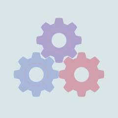 Three interlocking gears in pastel colors on a light blue background