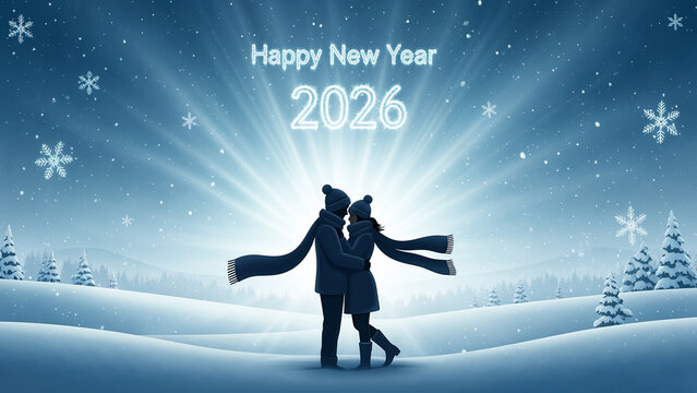 Happy new year 2026 couple silhouette embracing in winter wonderland snowfall background