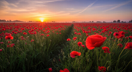 Remembrance Day field with red poppies at sunrise, a landscape filled with respect and solemn beauty. Remembrance Day commemorates sacrifices; its remembrance brings to mind war's end.