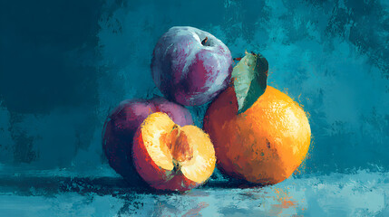 Classic still life of fruit on blue backdrop in abstract paint style