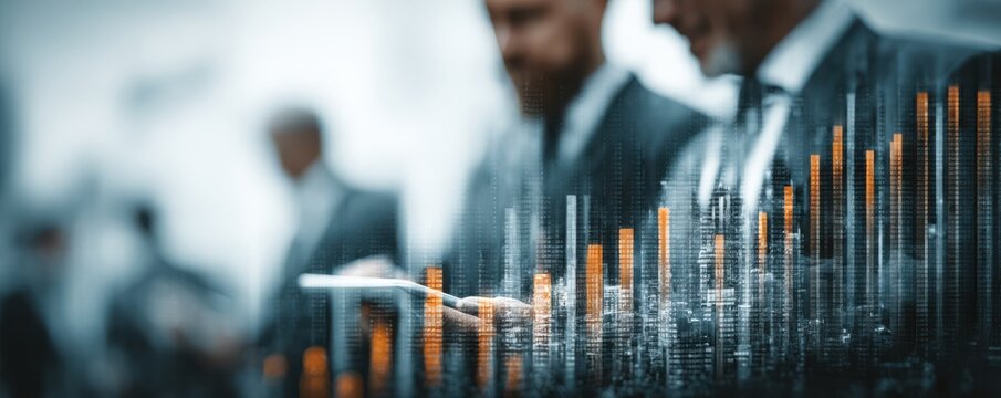 Business professionals use a tablet to analyze digital financial charts and market data