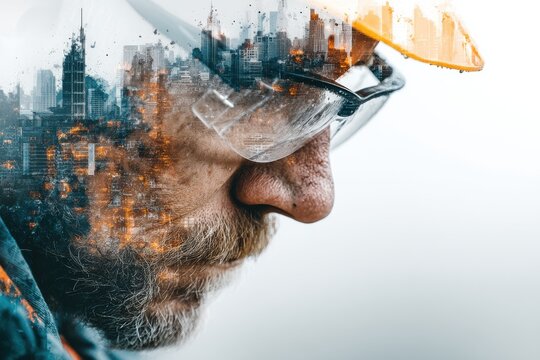 Double exposure of a construction worker wearing safety glasses with a city skyline overlay