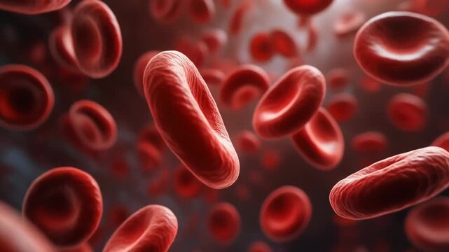 Vibrant red blood cells flowing within the bloodstream, depicting cellular structure and hematology in close detail