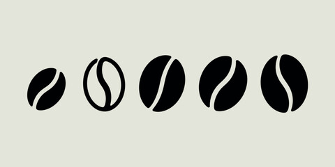 Five stylized black coffee beans in a row on a light background