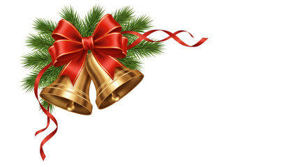 Golden christmas bells with red ribbon and fir branches isolated on transparent background