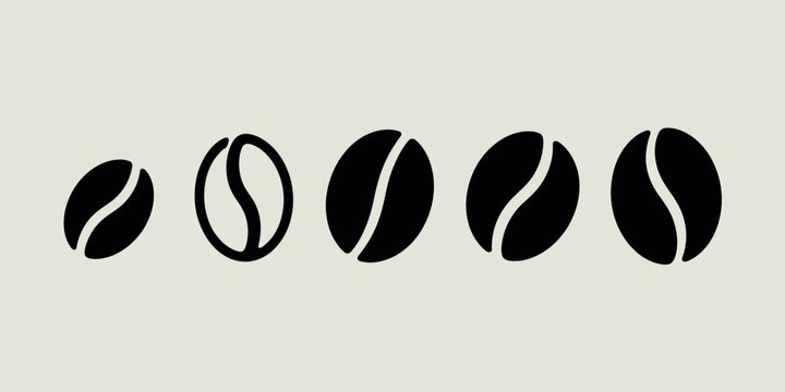 Five stylized black coffee beans in a row on a light background