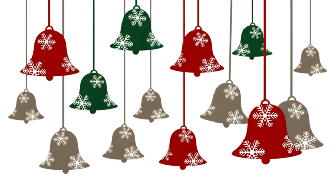 Colorful christmas bells isolated on transparent background for festive decoration