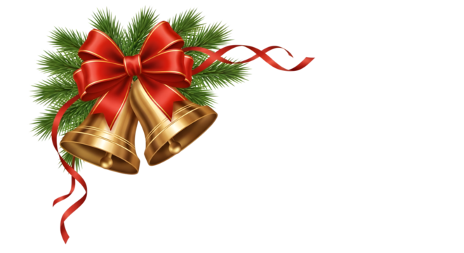 Golden christmas bells with red ribbon and fir branches isolated on transparent background