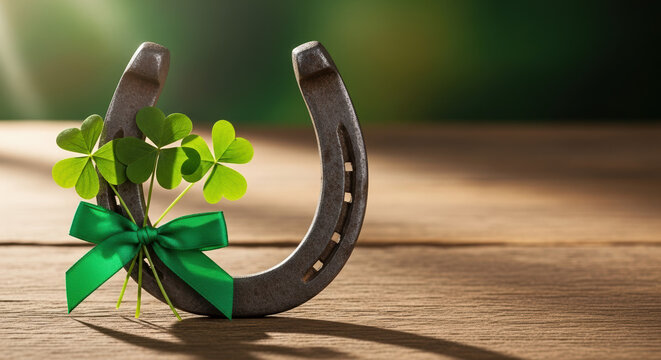 Happy St Patrick's Day with horseshoe and shamrocks on wood creates a festive scene. St Patrick's Day composition includes lucky horseshoe tied with green ribbon and shamrocks for good luck,
