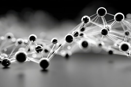 Abstract black and white molecular network of interconnected spheres and lines, science and technology concept
