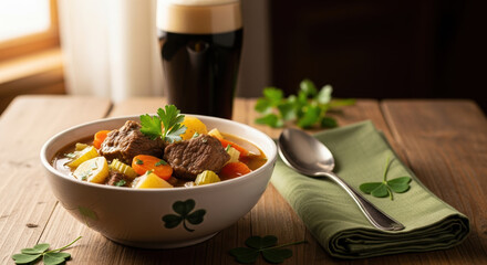Celebrating St. Patrick's Day with bowl of Irish stew and stout beer on wooden table. St. Patrick's Day feast showcases stew with meat and vegetables garnished with parsley,