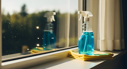 Sparkling clean windows with a blue cleaning spray and cloth, promising a spotless and bright home environment for modern living and cleaning solutions