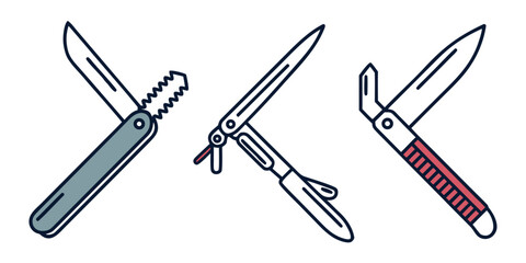Three illustrated pocket knives are displayed against a white background.