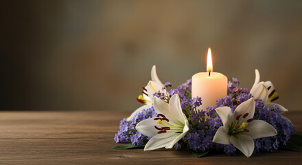 Remembering loved ones on Suicide Loss Day with candle and flowers. Suicide Loss Day brings families and friends together to honor those lost to suicide.