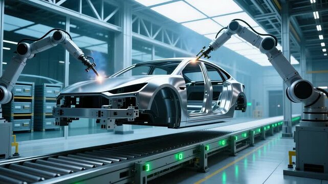 Robotic arms assembling electric car frame under blue industrial light, smart factory, workflow automation