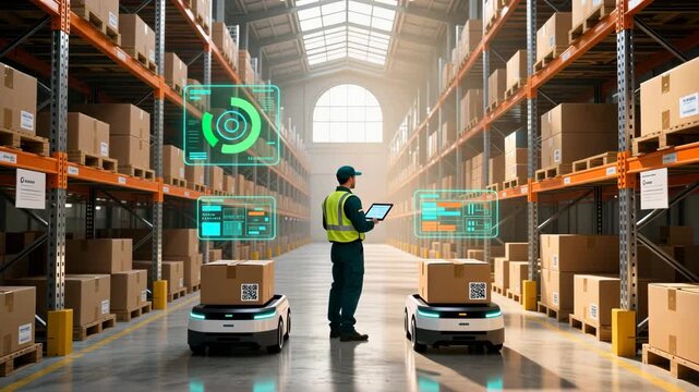 A man worker standing holding tablet and controlling delivery robots moving boxes in warehouse with holographic screens, smart factory, workflow automation - Powered by Adobe