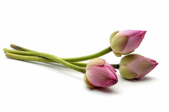 Three pink lotus flower buds with green stems on white background image