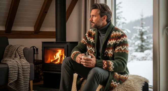 Man in sweater by fireplace holding mug looking out window at snowy landscape in cozy cabin setting