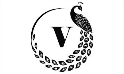 Letter V logo with a stylized peacock silhouette on bird