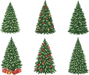 Set of Christmas trees, decorated and plain, festive holiday evergreen collection, ornaments and gifts illustration, winter seasonal celebration artwork design