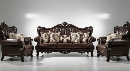 Classic luxury interior design with antique leather armchair and wood furniture by indonesian woodcarving artist, batik cushions