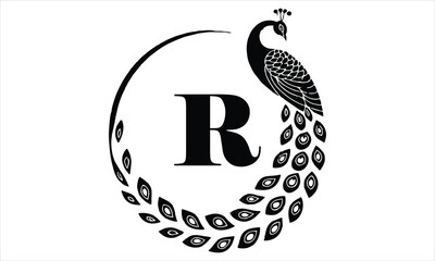 Letter R logo with a stylized peacock silhouette on bird