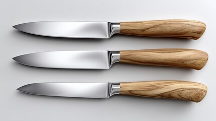 Sharp kitchen knives arranged in a row with wooden handles for cooking