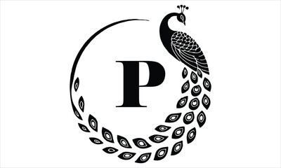 Letter P logo with a stylized peacock silhouette on bird