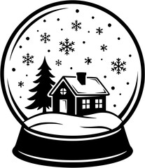 A black and white illustration of a snow globe with a house and tree inside and snowflakes falling
