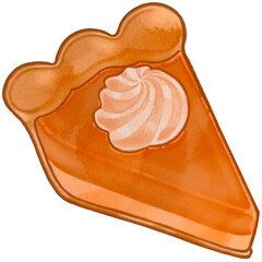 Pumpkin Pie Slice with Whipped Cream in Cute Cartoon Watercolor style
