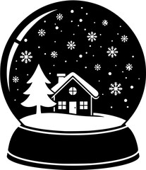 A black and white illustration of a snow globe with a house and tree inside and snowflakes falling
