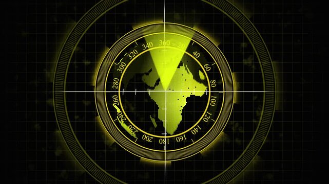 Digital Globe Radar Display with Yellow Scan Beam and Compass Rose world earth animated. Futuristic digital globe radar display with yellow scanning beam, rotating Earth, compass rose, and neon glow.