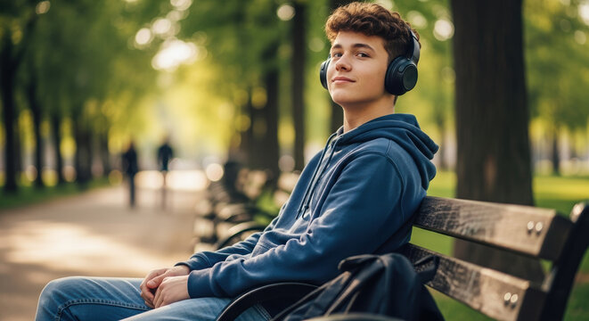 Unposed leisure scene featuring young man relaxing with headphones in park. Unposed leisure scene, he enjoys music in natural light, creating peaceful moment.
