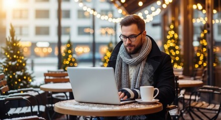 Man working on laptop at outdoor cafe with christmas lights and coffee in winter season setting