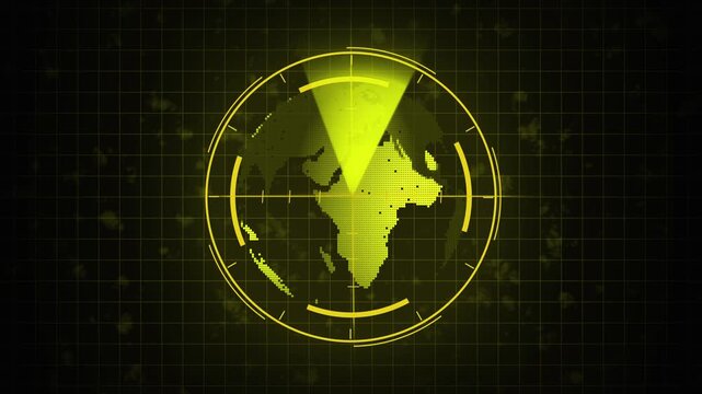 Futuristic Radar Interface Showing Pix elated Earth and Yellow Scan globe world animated. Glowing animated radar interface featuring pixelated Earth, yellow scanning beam, rotating globe, and digital - Powered by Adobe
