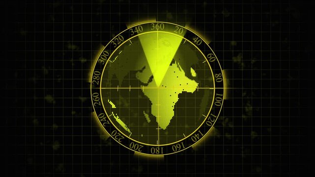 Pix elated Earth on Radar Screen with Yellow Sweep and Graticule globe world animated. Glowing radar with yellow sweep, graticule overlay, animated globe, and neon motion design.