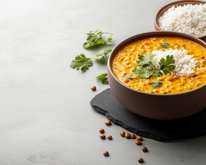 Lentil curry with coconut milk and basmati rice in ceramic bowl, plantbased eating, comfort food alternative