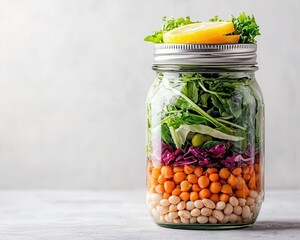 Mason jar salad with layered legumes and lemon vinaigrette, plantbased eating, portable health lunch