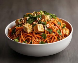 Vegan pad Thai with tofu, peanuts, and spiralized veggies, plantbased eating, fusion comfort meal