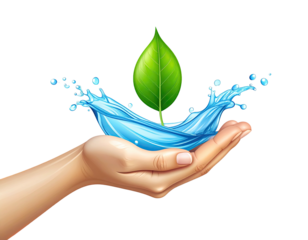 A human hand cradles a splash of clear water, supporting a vibrant green leaf