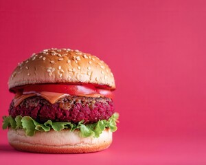 Vegan burger with beet patty, avocado, and whole grain bun, plantbased eating, casual plantforward dining