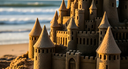 Golden hour illuminates an intricate sandcastle on the beach, evoking childhood memories and summer vacation dreams, perfect for travel and lifestyle brands