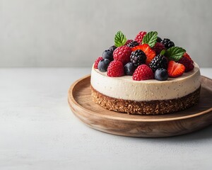 Raw vegan cheesecake with cashew base and berry topping, plantbased eating, nobake dessert style