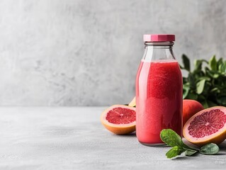 Fresh pressed juice in glass bottle with vibrant fruits, plantbased eating, detox and hydration concept